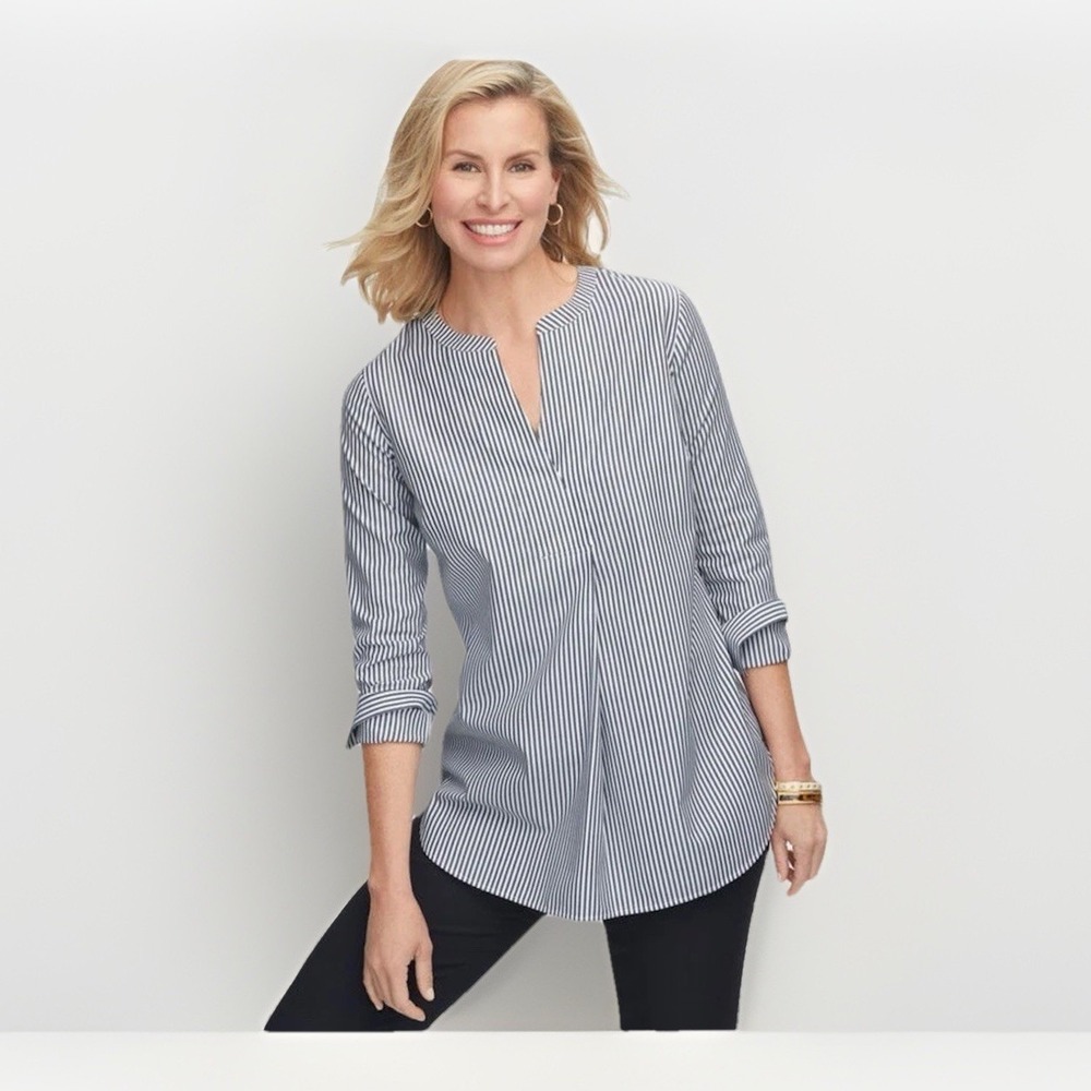 Talbots Non Iron Blouse Petite Medium PM Gray White Stripe Long Sleeve V Neck